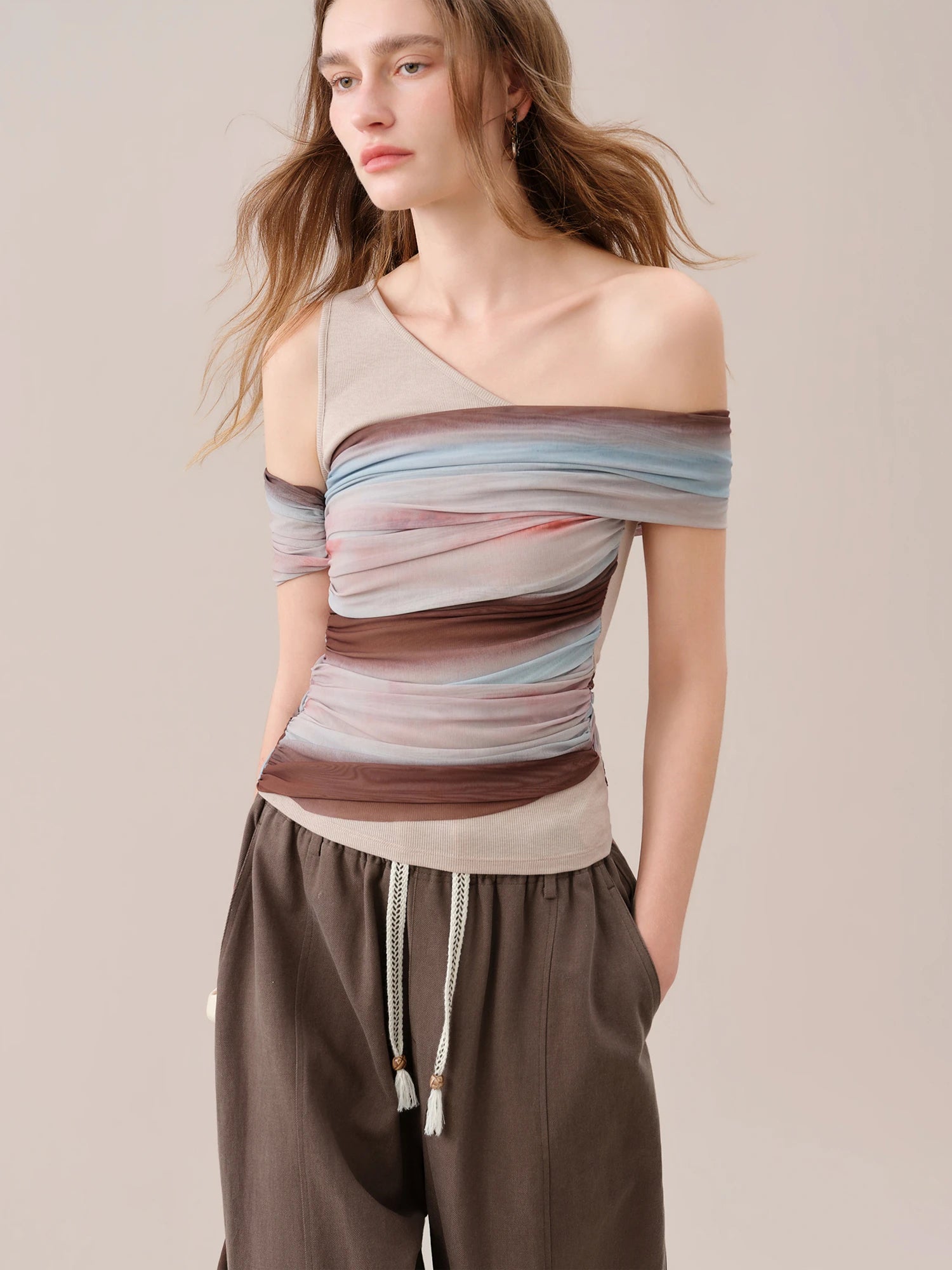 FSLE【Premium Series】Women's Asymmetrical Neck Knit Short-Sleeve T-Shirt Retro Summer 2026 New Gradient Stripe Wasteland Style