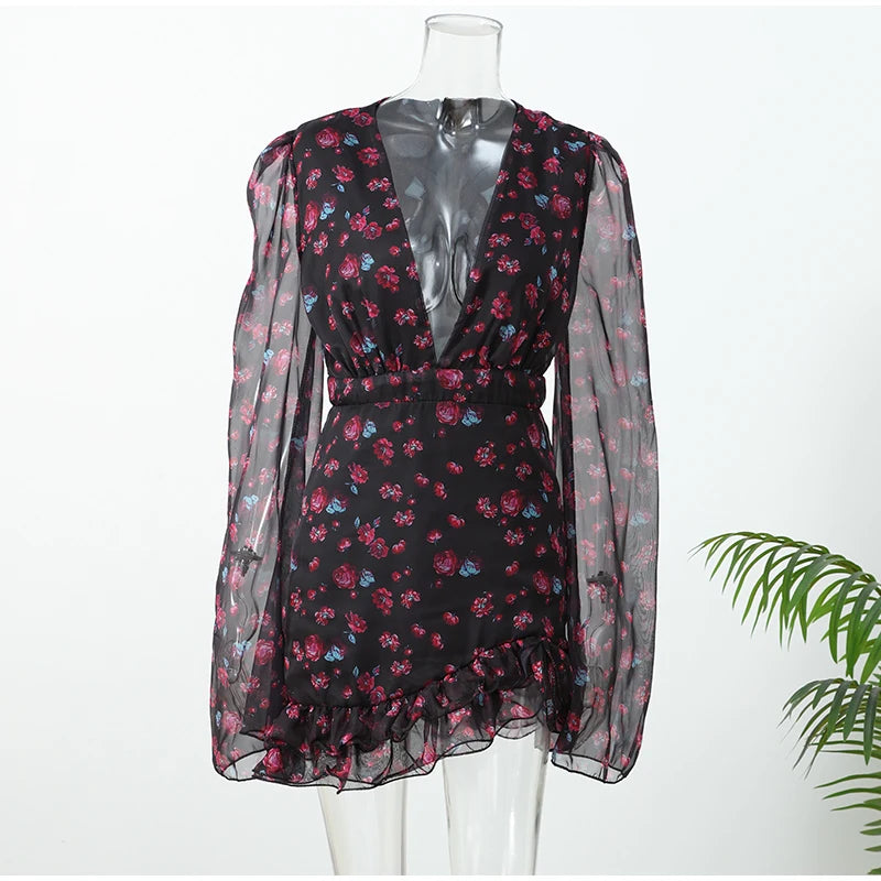 Flora Geschilderde Ruche Mini Jurk Dames Elegante Lange Mouwen Diepe V-hals Slim A-lijn Jurken 2026 Dame Vakantie Streetwear Nieuw