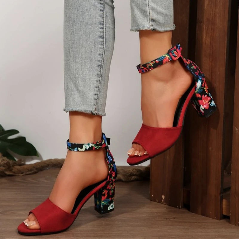 Donna 2026Sandali estivi con tacco quadrato alto Stampa floreale vintage Punta aperta Tacco alto Donna Cinturino alla caviglia con fibbia casual