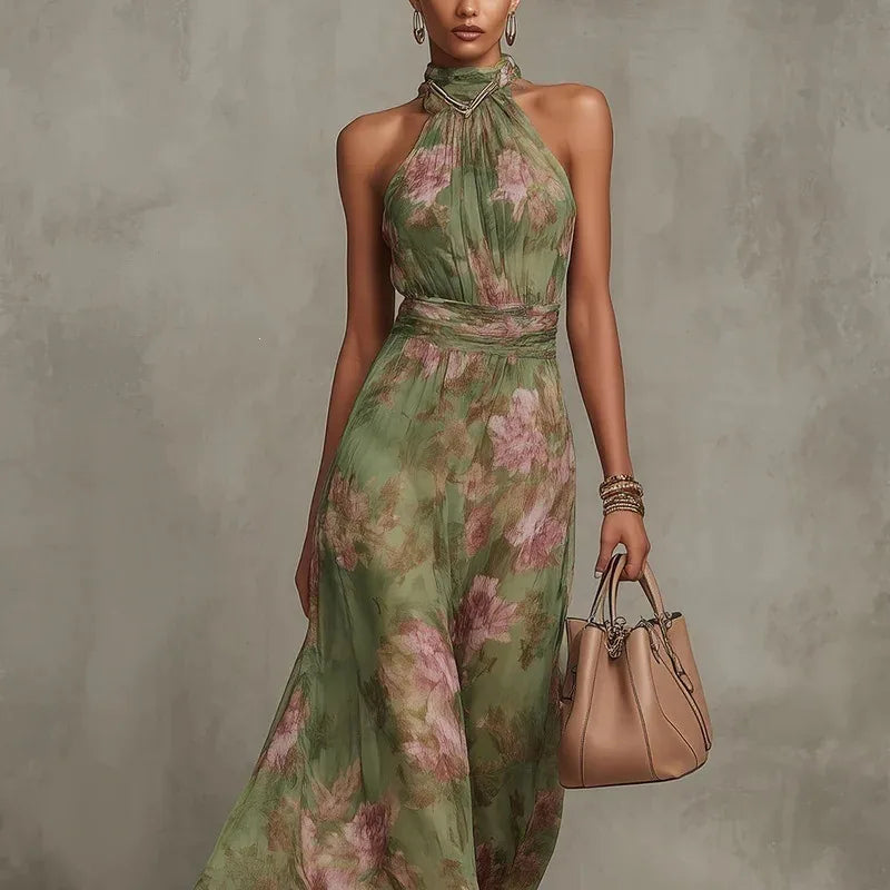 Elegante Geplooide Mesh Bedrukte Onregelmatige Split Sexy Cami Maxi Jurk Mouwloze Halter Nek Chiffon Wijde Avondfeestjurken