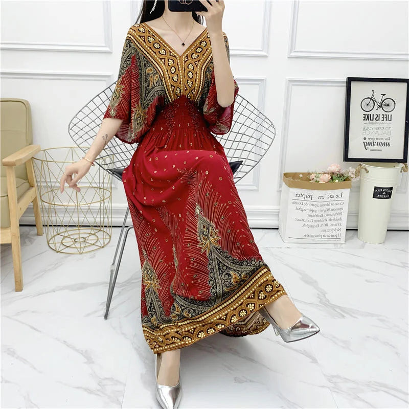 Long Women's Dress Boho Ethnic Bohemian Beach Cotton Blend Artificial Floral Short Sleeve V-neck Vintage Vacation Vestidos Robe