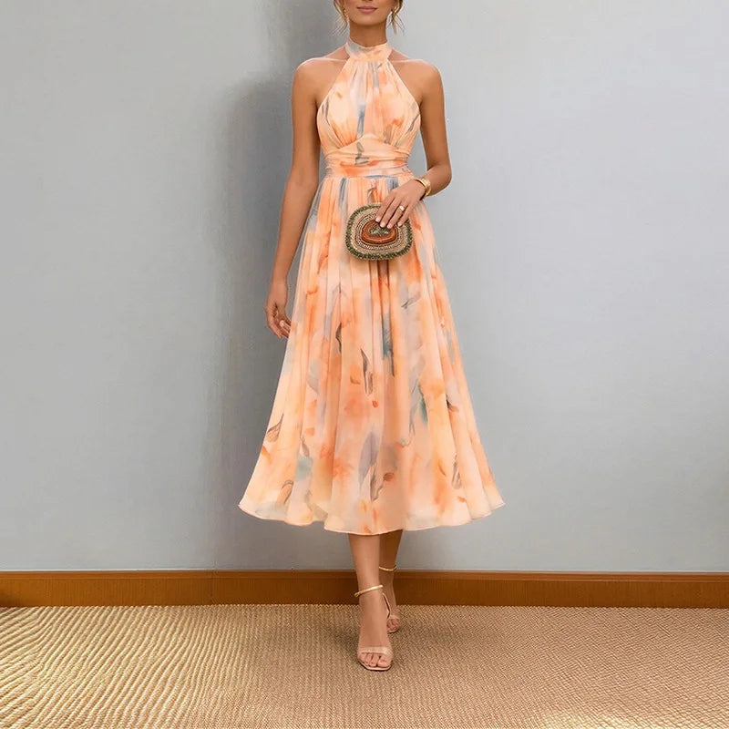 Abito lungo da donna senza schienale con spalline floreali e scollo all'americana in colore dopamina, stile temperamento, abito estivo da spiaggia di alta qualità per il mare
