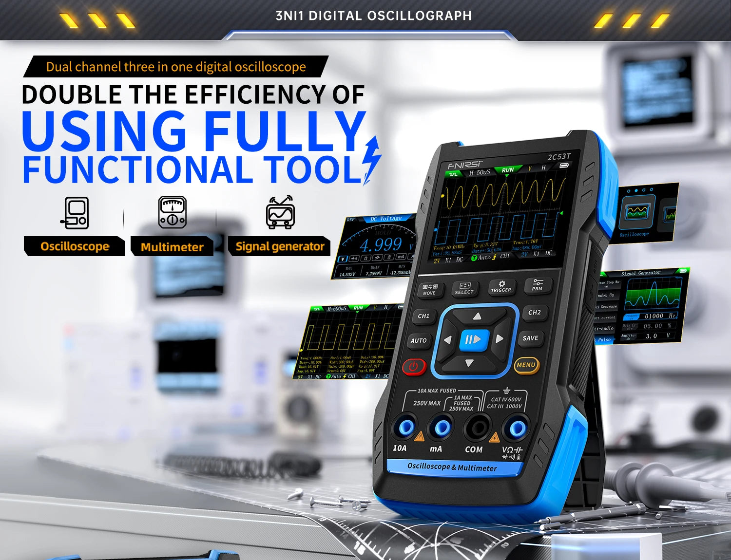 FNIRSI 2C23T 2C53T Upgrade 50MHz Handheld Digitaal Oscilloscoop Multimeter Signaalgenerator 3 in 1 Dual-channel Autogereedschap