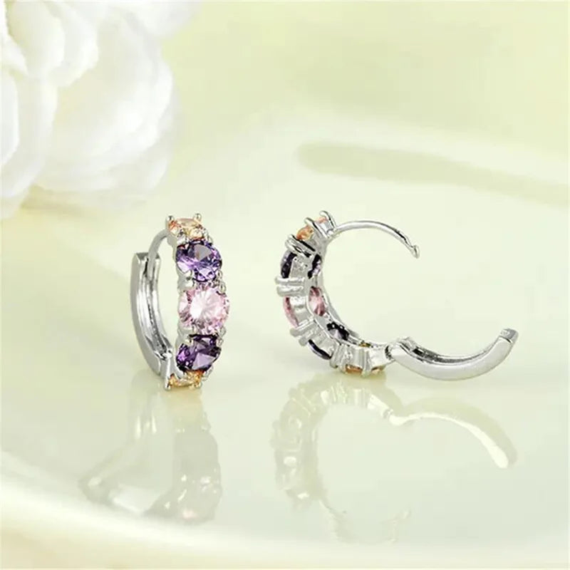 Huitan Moda Lusso Orecchini a Cerchio CZ Rosa/Viola Colorati per Donne Orecchini da Sposa di Nuova Concezione Regalo Gioielli da Festa