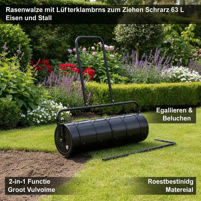 Rullo Compressore Manuale da 63 Litri Nero. Questo rullo per prato con manico è realizzato in acciaio resistente, ha una grande capacità ed è facile da riempire con la sabbia. Anche la sigillatura e lo svuotamento sono comodi.