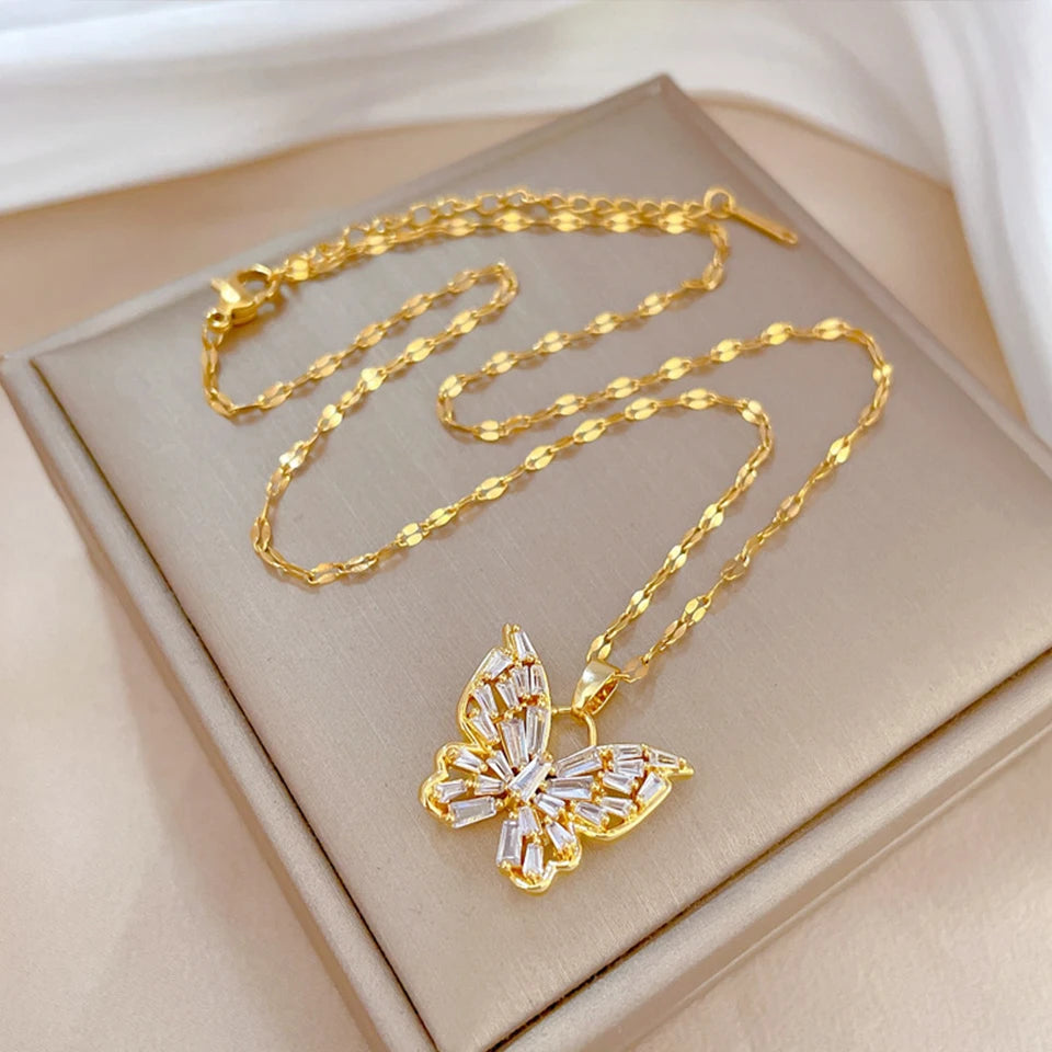 Collana ZAKOL classica color oro in acciaio inossidabile da donna con ciondolo a cuore geometrico in zircone brillante, gioielli regalo