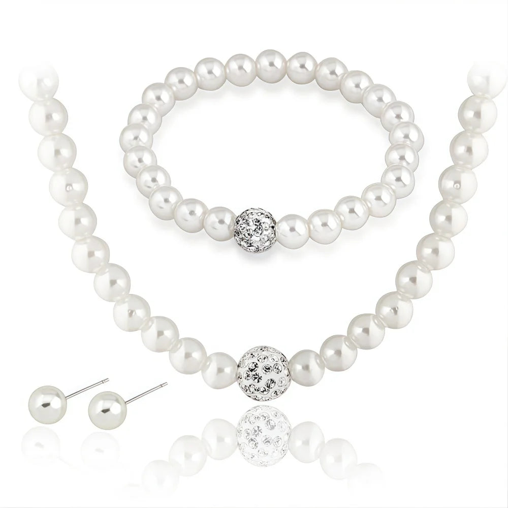 Set di gioielli da 3 pezzi con collana, bracciale e orecchini a perno con finta perla, Fireball, colore argento, con pietra di cristallo, elegante idea regalo per la sposa