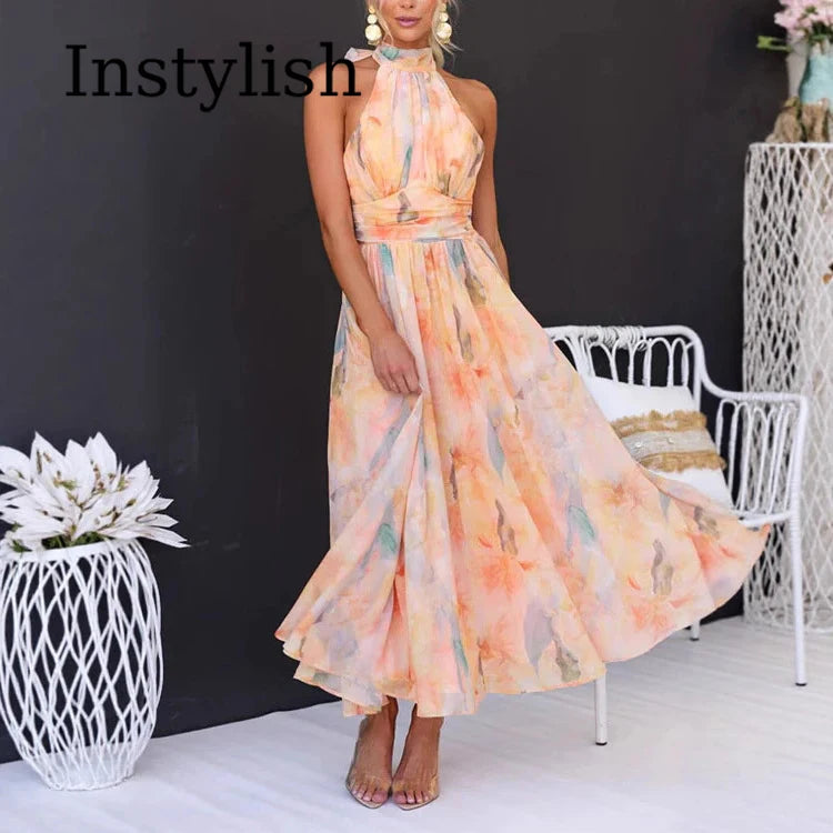 Temperamentvolle Dames Dopamine Kleur Bloemen Strapless Halter Nek Rugloze Jurk Dames Zomer High-end Strand Lange Jurk