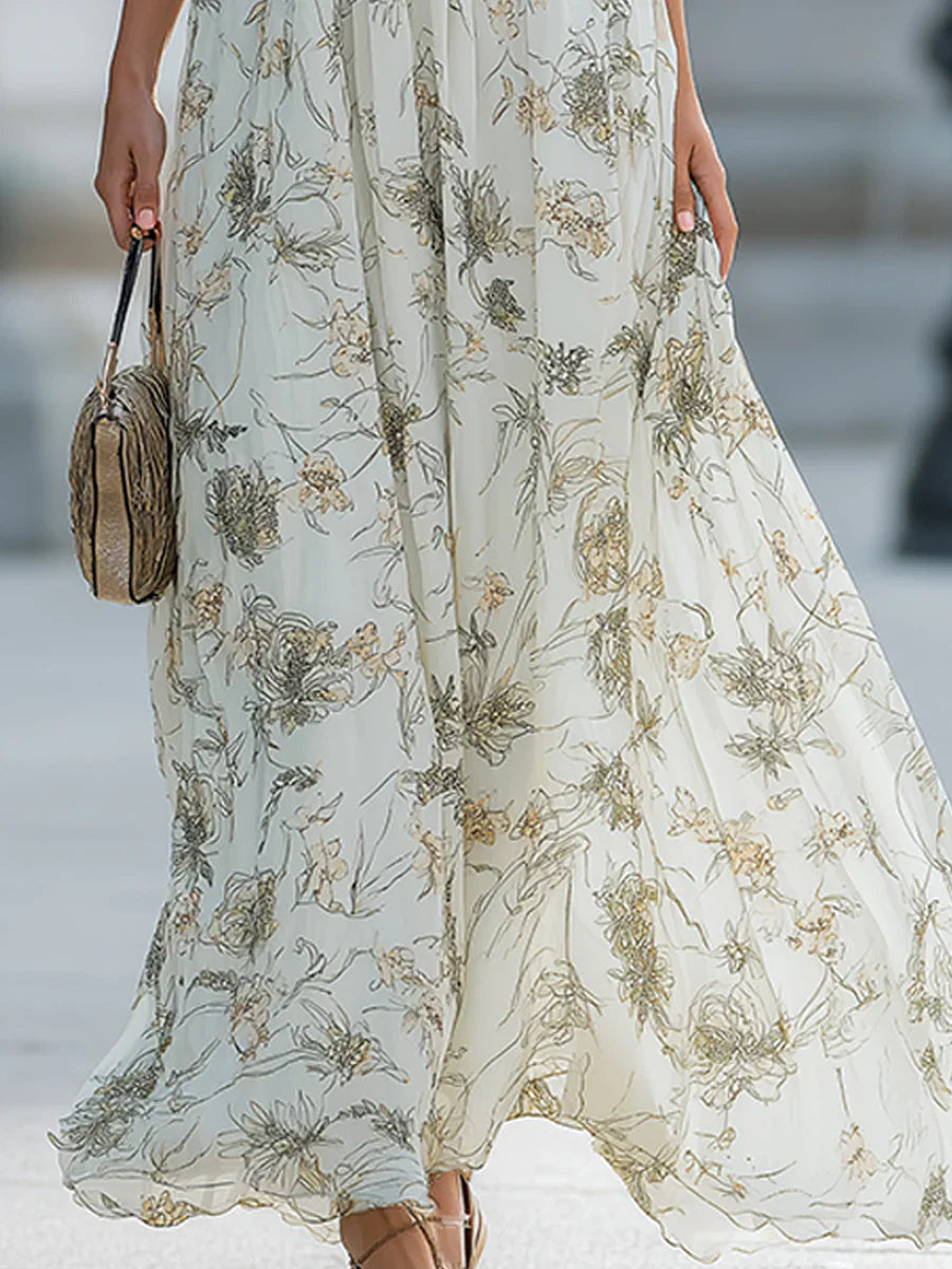 Dames Halternek Bloemenprint Maxi Jurk Hoge Taille Flowy A-lijn Lange Jurk Voor Zomer Strandfeest Bruiloftsgast