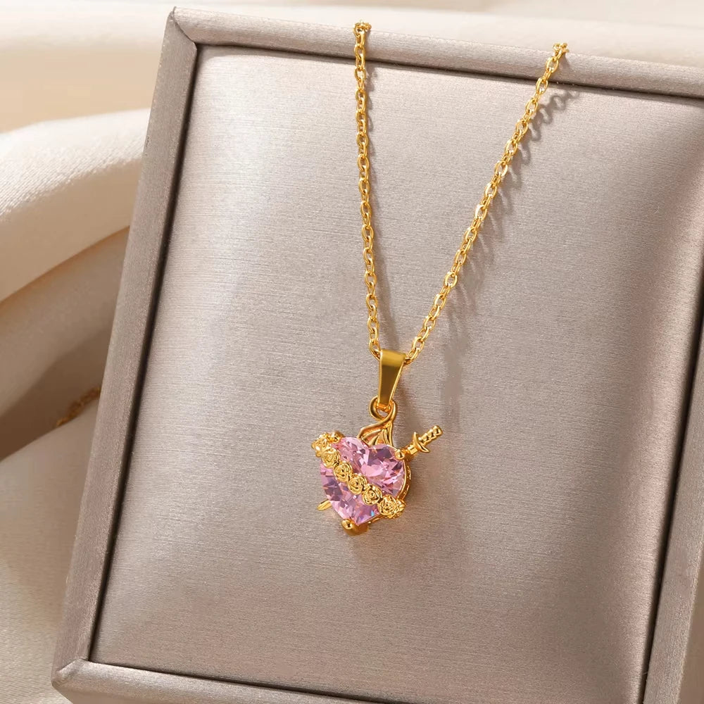 Collana da donna con zircone a cuore rosa color oro, in acciaio inossidabile, con ciondolo a freccia di Cupido Eros a cuore, gioielli di moda coreana per feste