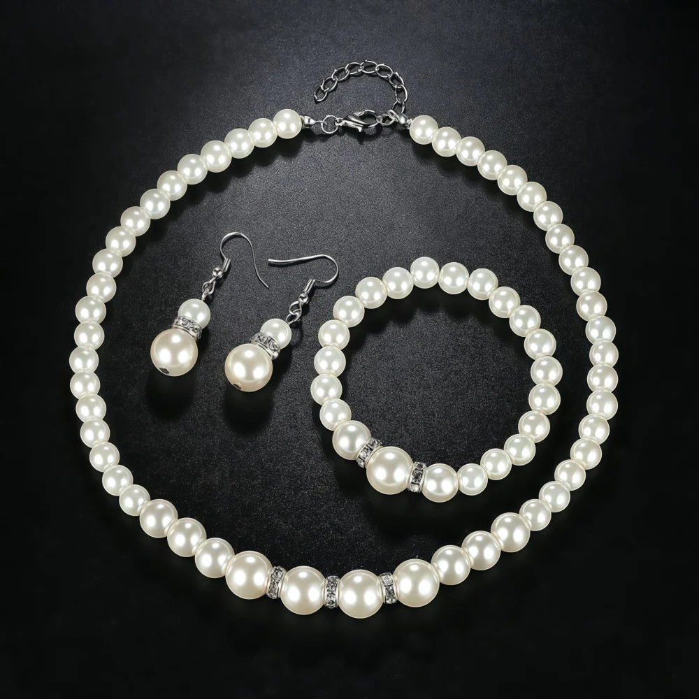 Set di gioielli da 3 pezzi con collana, bracciale e orecchini a perno con finta perla, Fireball, colore argento, con pietra di cristallo, elegante idea regalo per la sposa