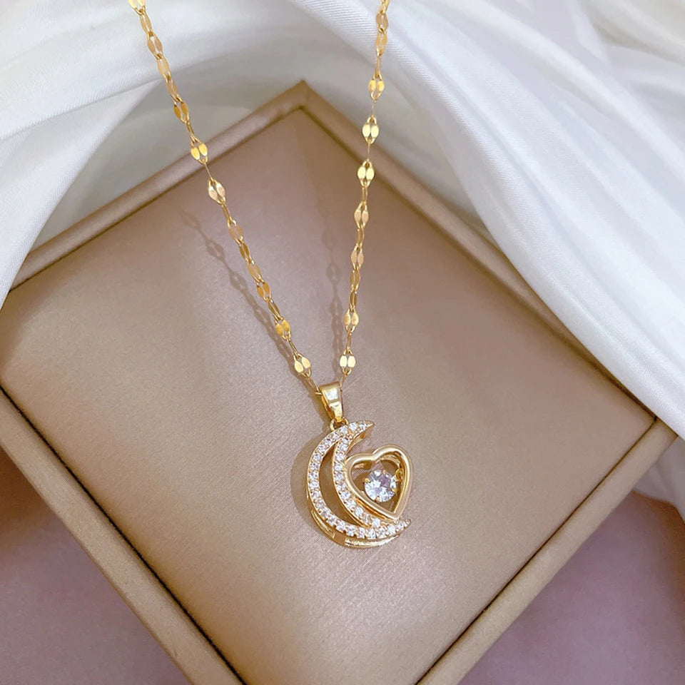 ZAKOL Collana Classica Color Oro in Acciaio Inossidabile da Donna Collane con Pendente a Cuore Geometrico in Zircone Brillante Gioielli Regalo