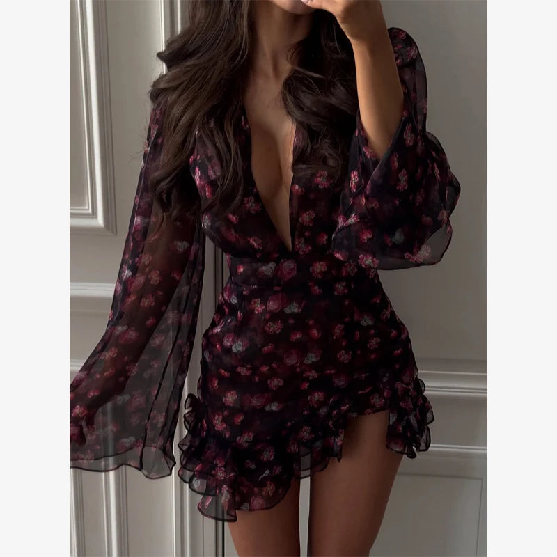 Flora Painted Ruffle Mini Dress Abito elegante da donna a maniche lunghe con scollo a V profondo Abiti sottili a trapezio 2026 Abbigliamento da strada per le vacanze da donna Nuovo