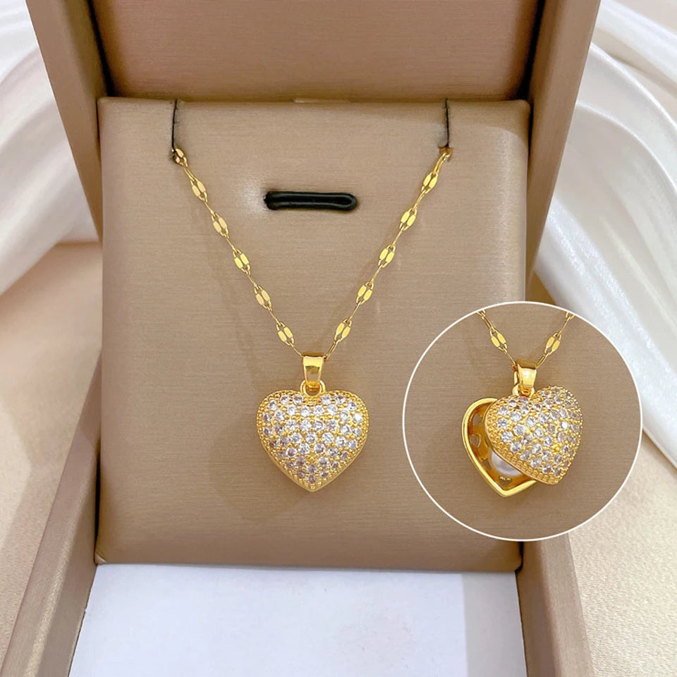 ZAKOL Klassieke Goudkleurige Roestvrijstalen Ketting voor Dames Glanzende Zirkoon Geometrische Hart Hanger Kettingen Sieraden Cadeau