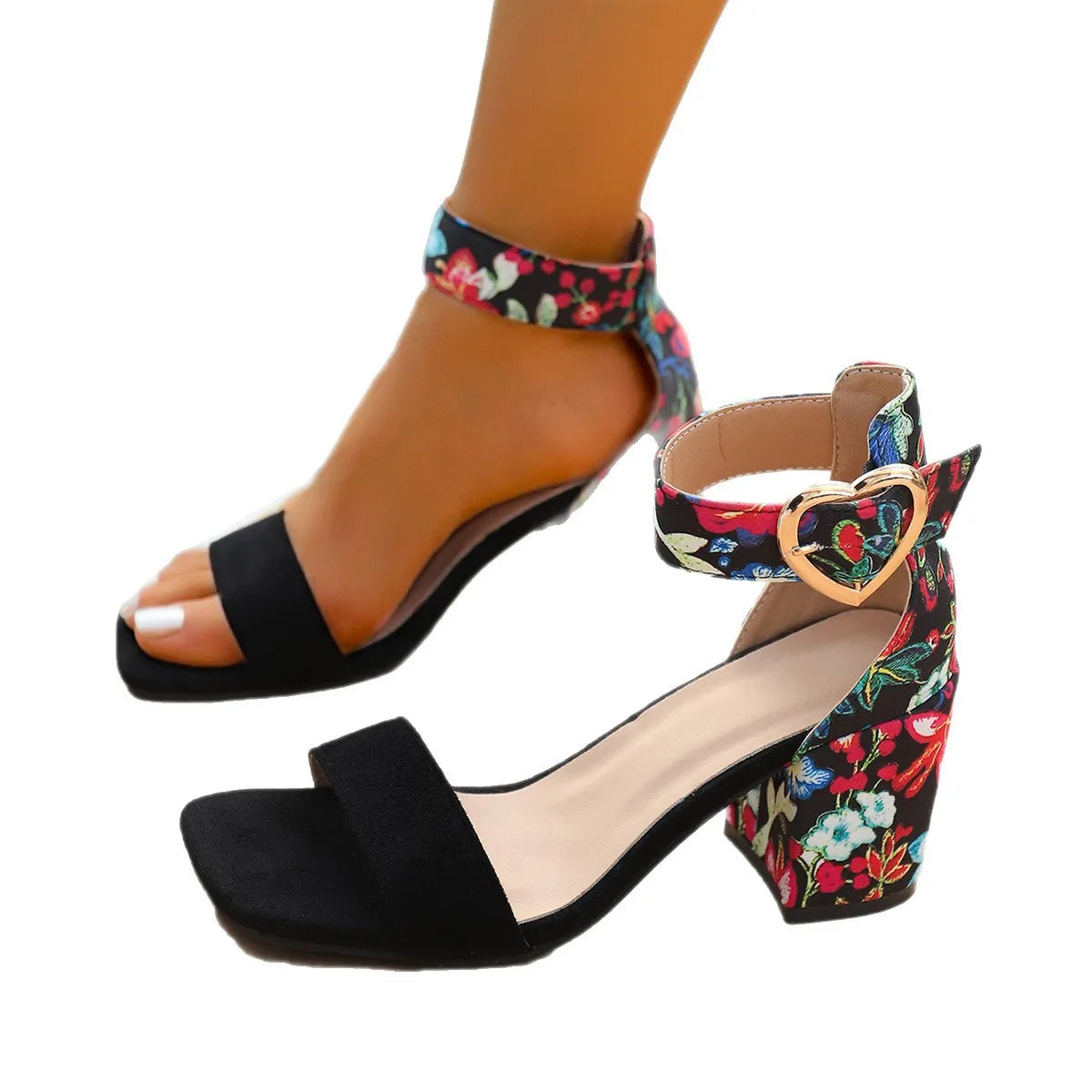 Sandali da donna alla moda con cinturino largo, comodi, morbidi, con tacco alto, aperti in punta, estivi, con tacco spesso, stile casual semplice, in velluto