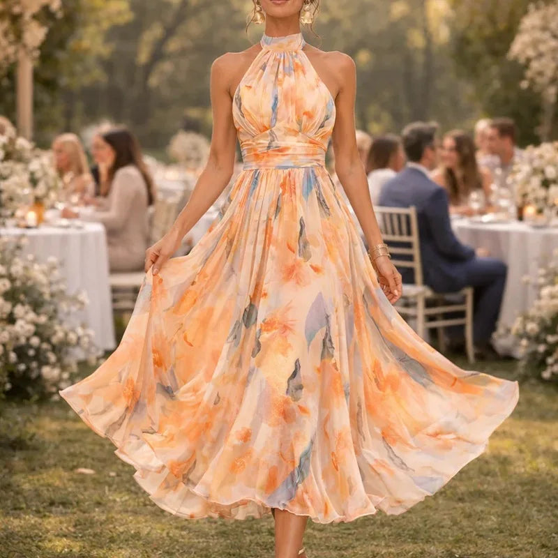 Abito lungo da donna senza schienale con spalline floreali e scollo all'americana in colore dopamina, stile temperamento, abito estivo da spiaggia di alta qualità per il mare