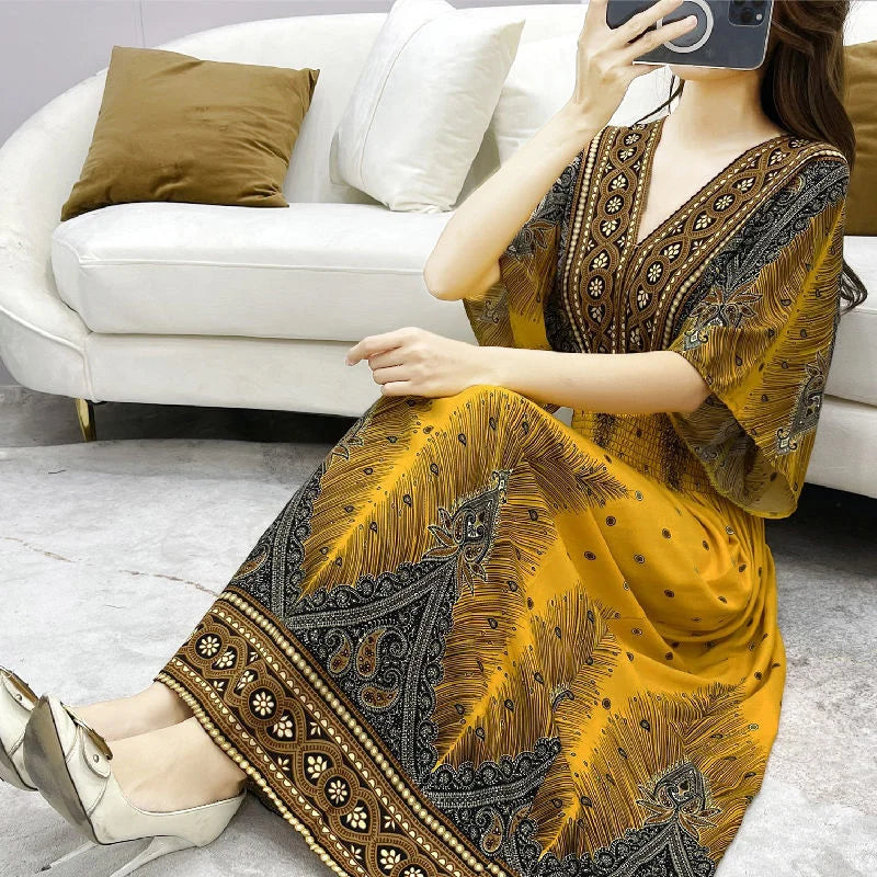Long Women's Dress Boho Ethnic Bohemian Beach Cotton Blend Artificial Floral Short Sleeve V-neck Vintage Vacation Vestidos Robe