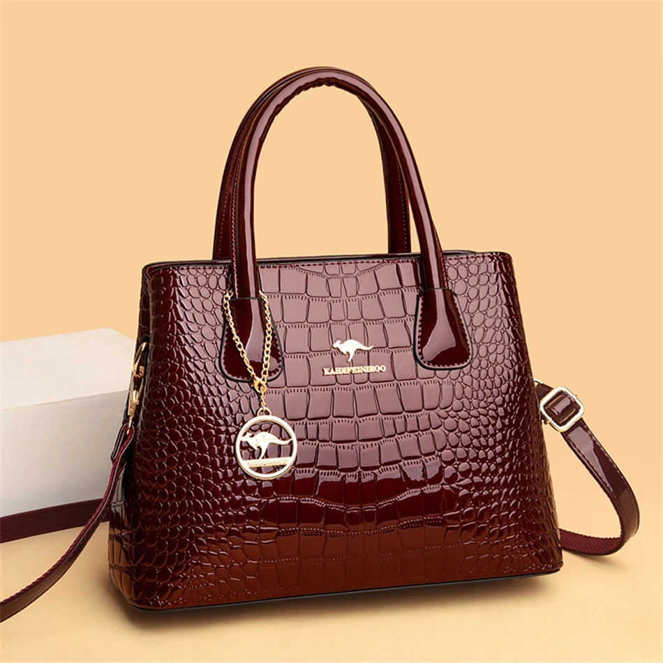 Borsa Tote in Pelle Verniciata con Motivo Coccodrillo per Donna, Borsa a Tracolla di Lusso di Design 2024 per Donna