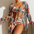 Costume da bagno bikini sexy a vita alta a 3 pezzi con stampa floreale taglia 3XL-S da donna con camicetta a maniche lunghe in rete Super Saldi
