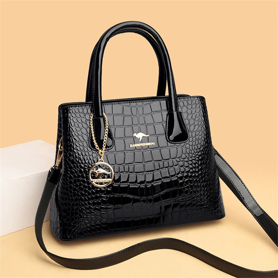 Borsa Tote in Pelle Verniciata con Motivo Coccodrillo per Donna, Borsa a Tracolla di Lusso di Design 2024 per Donna