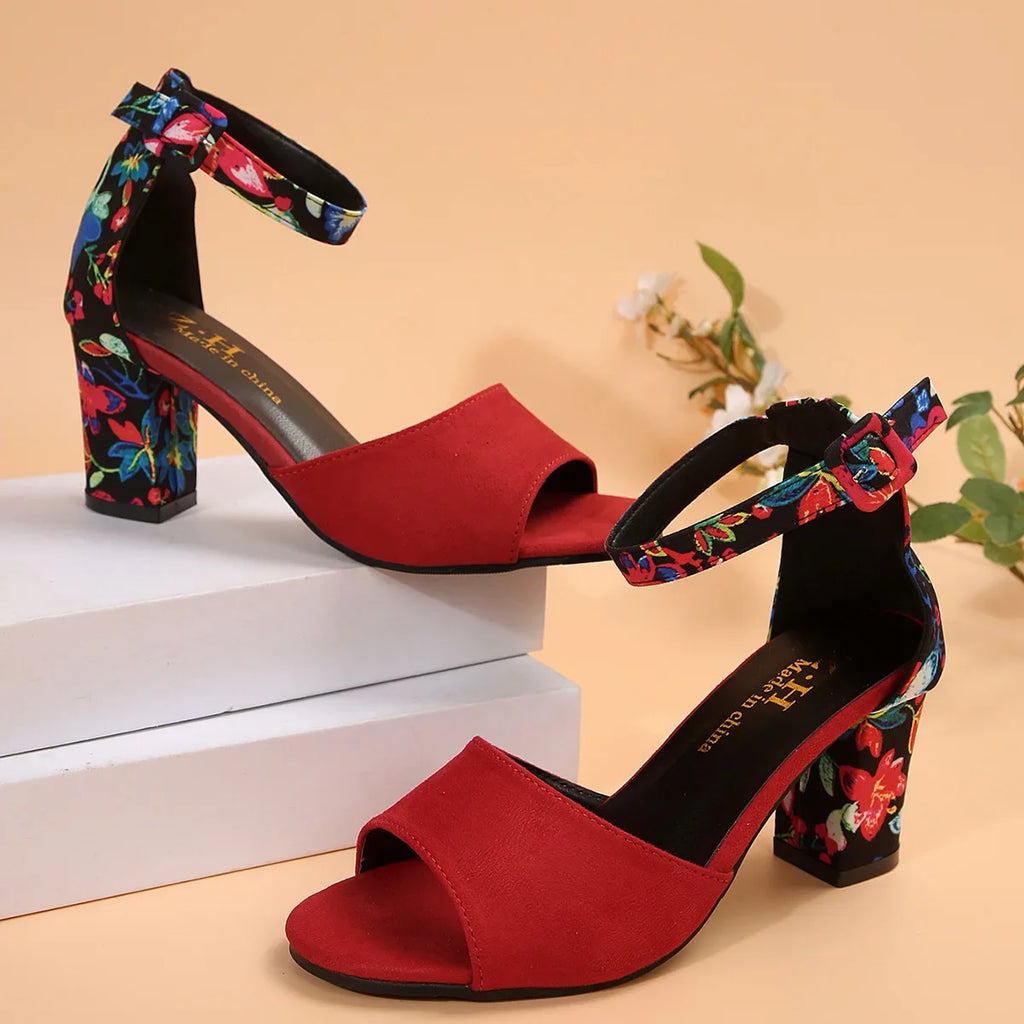 Scarpe estive da donna 2026 Sandali alti con stampa floreale vintage, open toe, tacco alto, casual, con fibbia alla caviglia