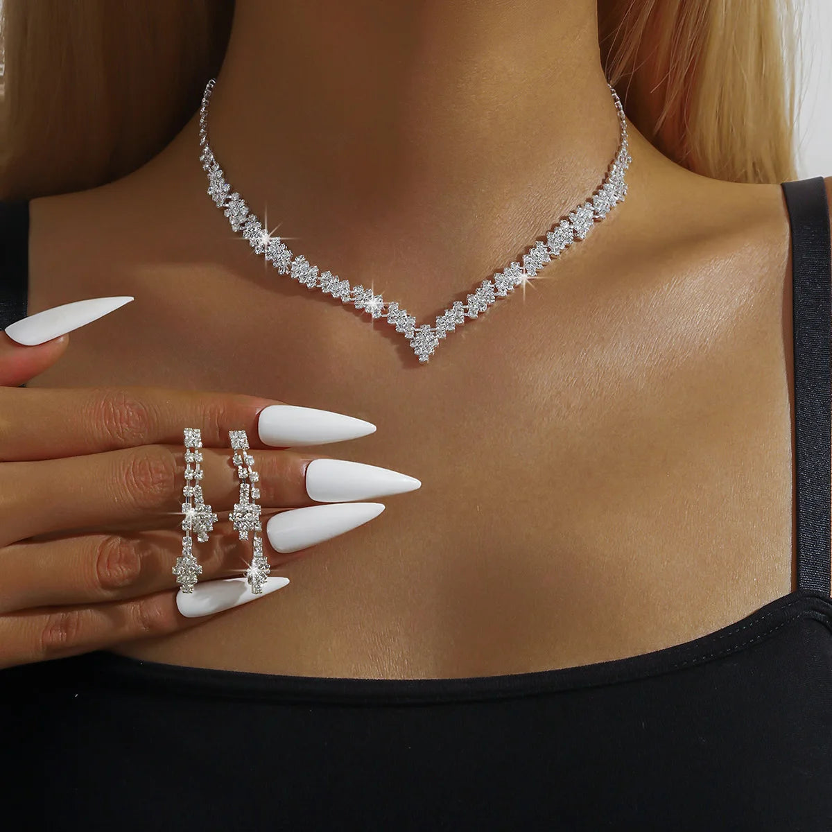 Orecchini pendenti con nappe pieghevoli in strass placcati argento alla moda, collana, regalo di gioielli da sposa, stile alla moda