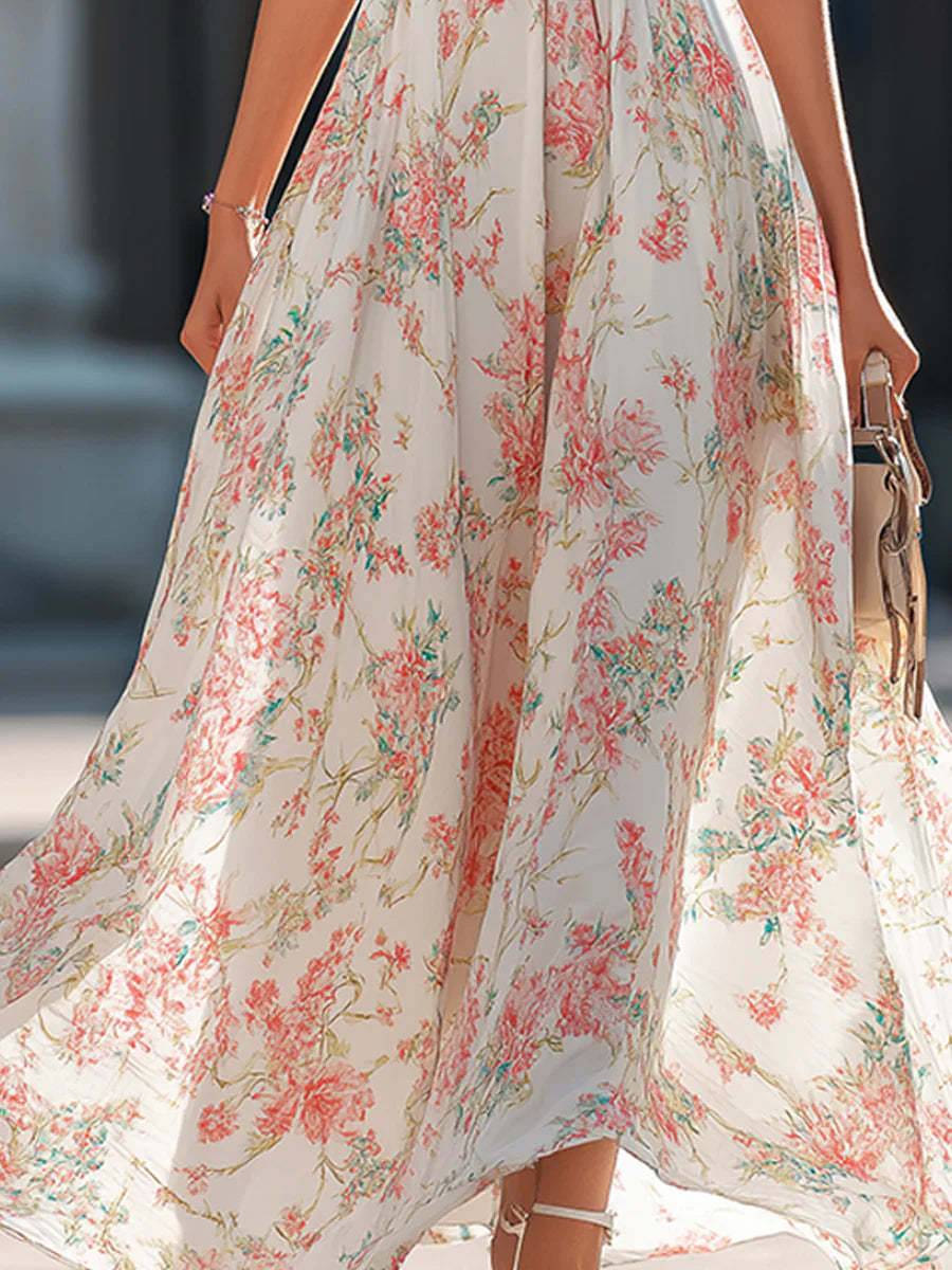 Dames Halternek Bloemenprint Maxi Jurk Hoge Taille Flowy A-lijn Lange Jurk Voor Zomer Strandfeest Bruiloftsgast