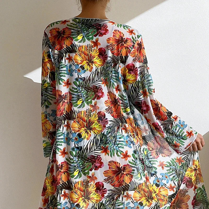 Sexy Bikini met Hoge Taille 3-delig Bloemenprint Badpak Maat 3XL-S Dames Bikini Set Met Mesh Blouse Lange Mouwen Super Sale