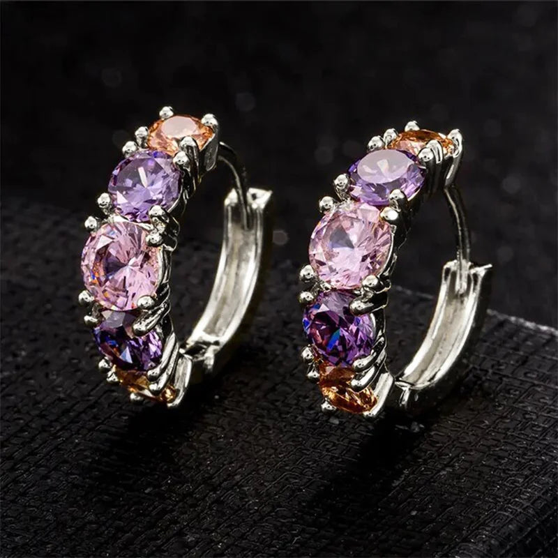 Huitan Moda Lusso Orecchini a Cerchio CZ Rosa/Viola Colorati per Donne Orecchini da Sposa di Nuova Concezione Regalo Gioielli da Festa