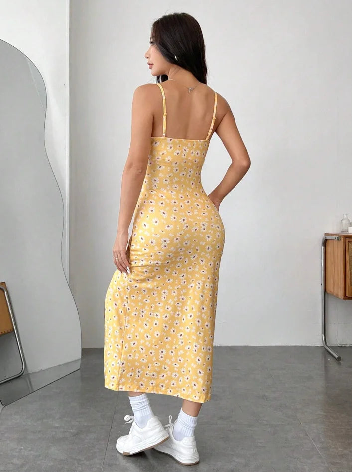 Abito lungo Autunno 2025 senza spalline, con scollo a fascia, spacco alto, stampa margherita e leopardata, gonna a portafoglio, vestito lungo