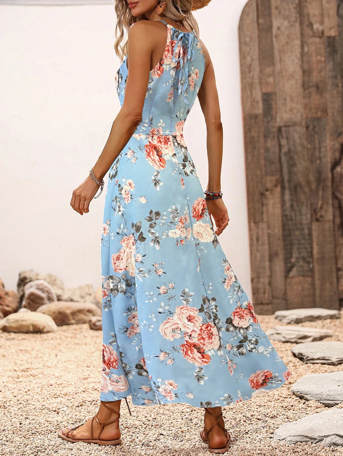Bloemenprint Hoge Split Dij Halterjurk voor Dames - Zomer Mouwloos Sexy Nauwsluitende Strandfeest Clubkleding