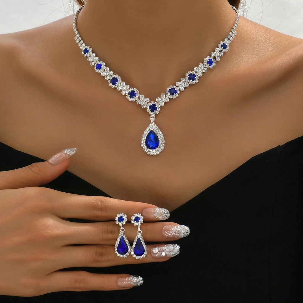 Set di 3 collane a goccia di cristallo da donna con orecchini per abito da sera da sposa