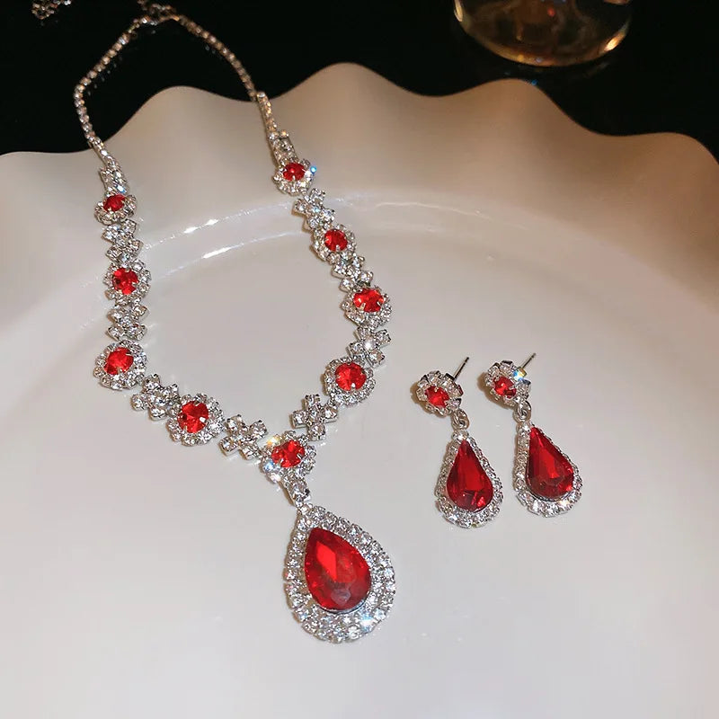 Collana con strass lucidi e orecchini a goccia grandi per donna, Set di gioielli da sposa per abiti da sera