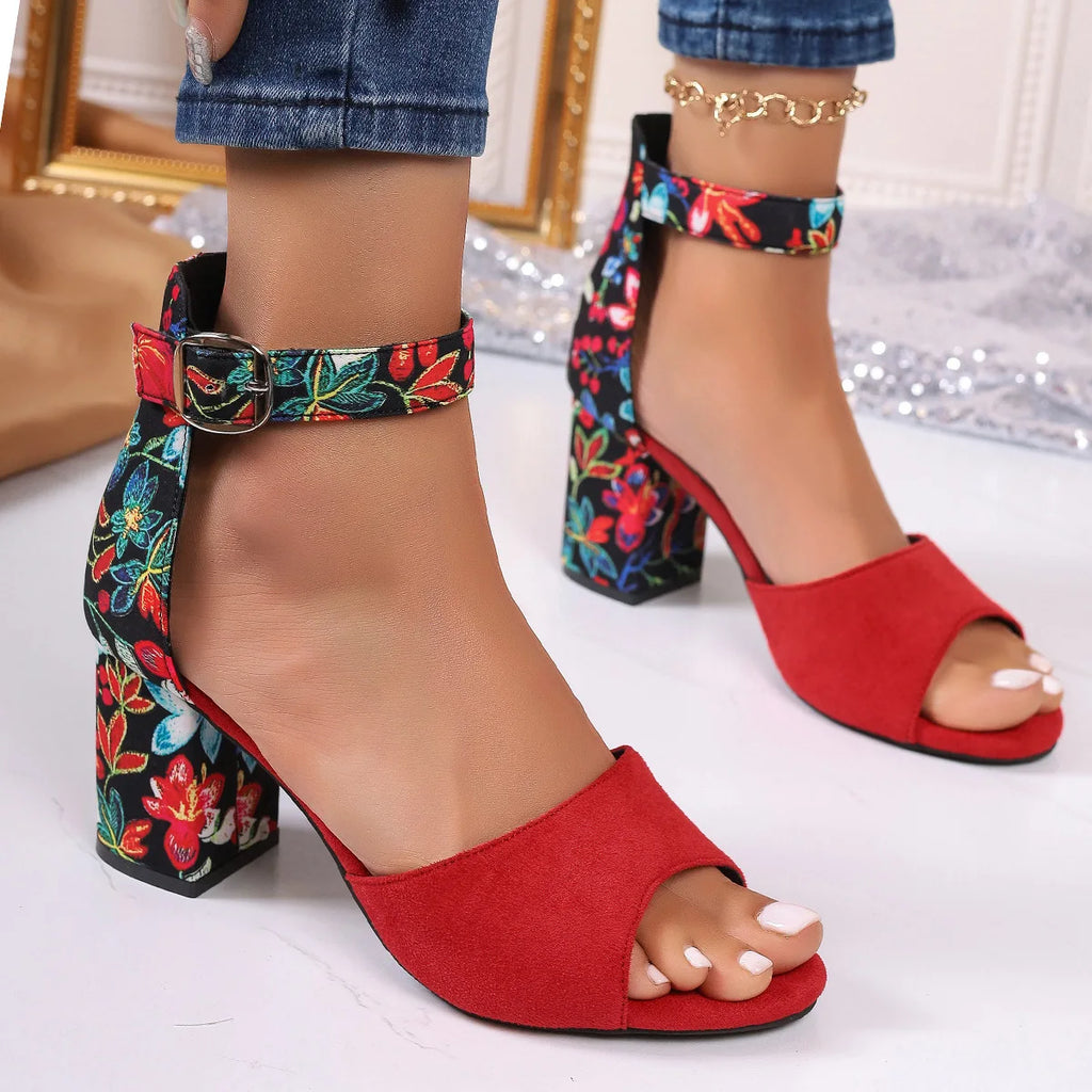 Sandali Estivi da Donna 2024 Tacchi Alti Quadrati con Stampa Floreale Vintage Punta Aperta Cinturino alla Caviglia con Fibbia Casual da Donna