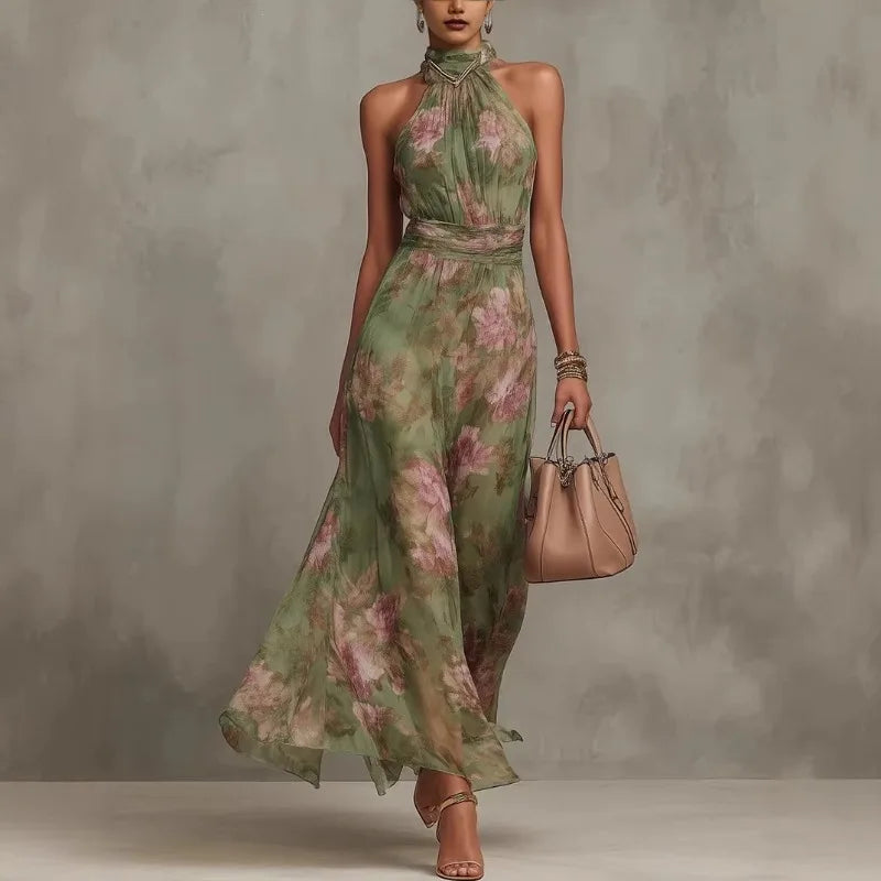 Elegante Geplooide Mesh Bedrukte Onregelmatige Split Sexy Cami Maxi Jurk Mouwloze Halter Nek Chiffon Wijde Avondfeestjurken