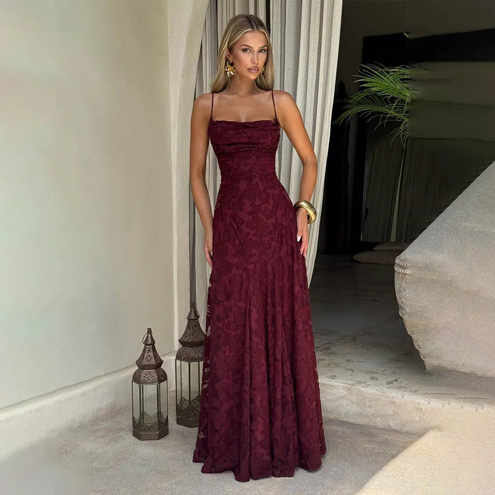 Jacquard Chiffon Lange Jurk Dames Mouwloze Bandage Jurken Zomer Avond Bruiloft Gast Groen Wit Bordeauxrood Roze Afstuderen
