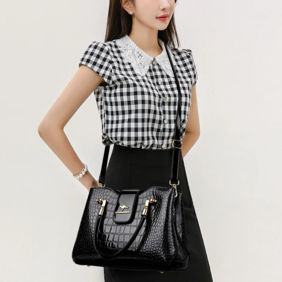 KAIDIFEINIROO Kangaroo Brand Casual Tote Bag Oil Pu Leather Handbag Womne Shoulder Crossbody Large Capacity Hand Bag Three Layer