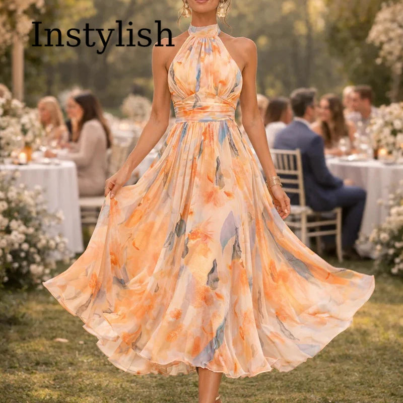 Abito lungo da donna senza schienale con spalline floreali e scollo all'americana in colore dopamina, stile temperamento, abito estivo da spiaggia di alta qualità per il mare