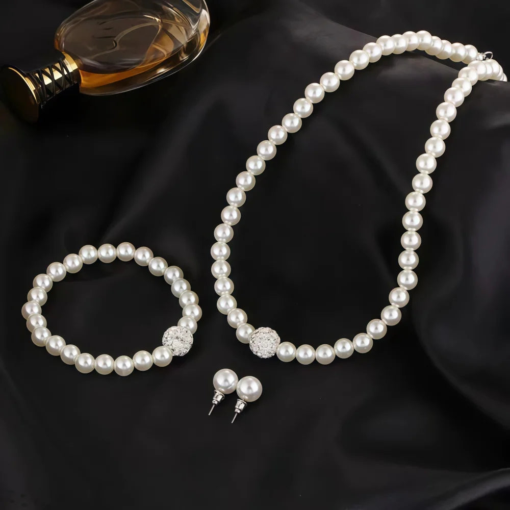Set di gioielli da 3 pezzi con collana, bracciale e orecchini a perno con finta perla, Fireball, colore argento, con pietra di cristallo, elegante idea regalo per la sposa
