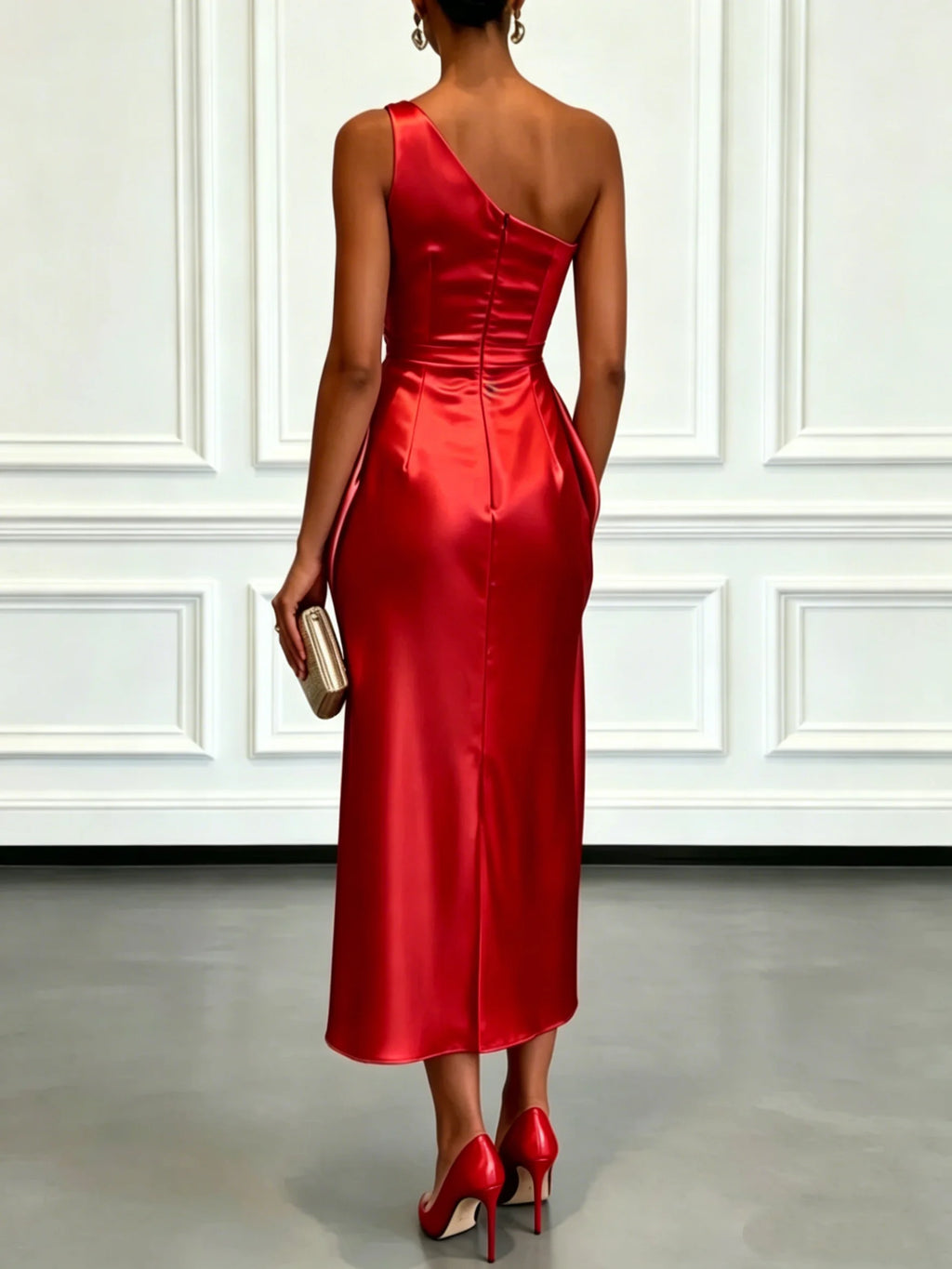 Satijnen midi-jurk met één schouder, geplooide taille, elegante mouwloze feestjurk