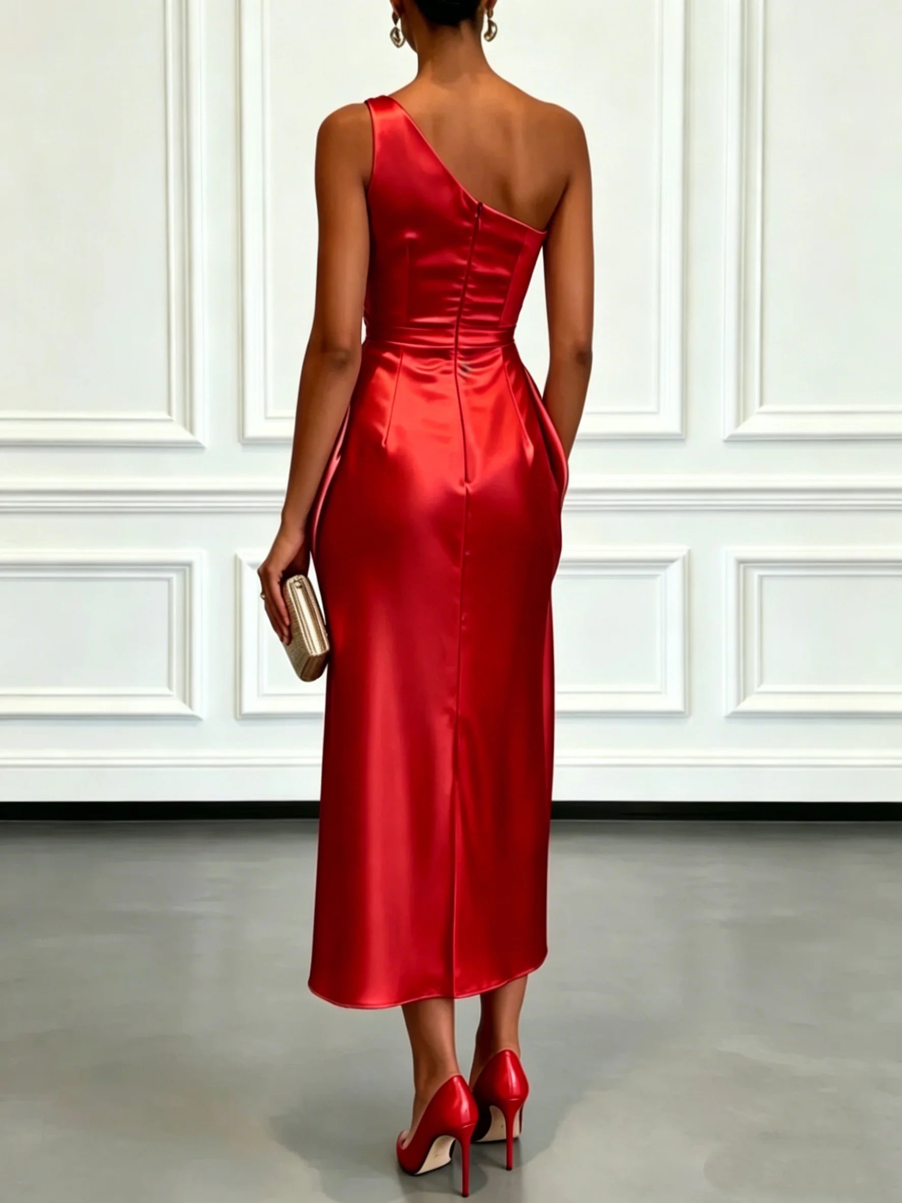 Satijnen midi-jurk met één schouder, geplooide taille, elegante mouwloze feestjurk
