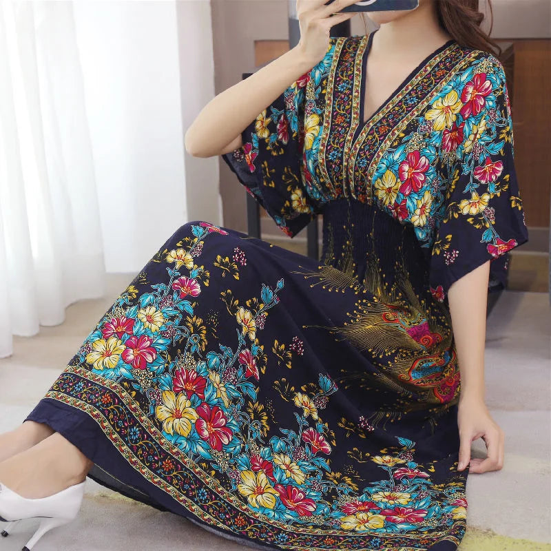 Long Women's Dress Boho Ethnic Bohemian Beach Cotton Blend Artificial Floral Short Sleeve V-neck Vintage Vacation Vestidos Robe