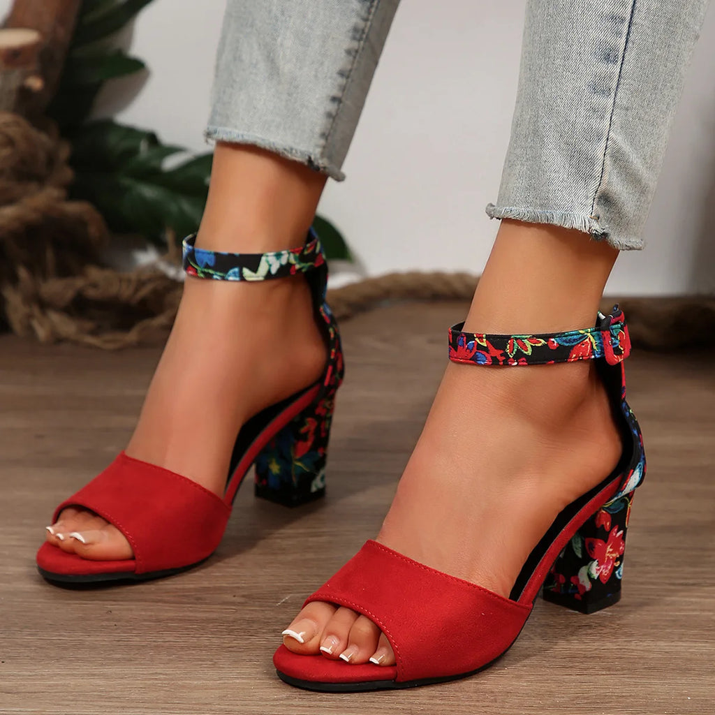 Scarpe estive da donna 2026 Sandali alti con stampa floreale vintage, open toe, tacco alto, casual, con fibbia alla caviglia