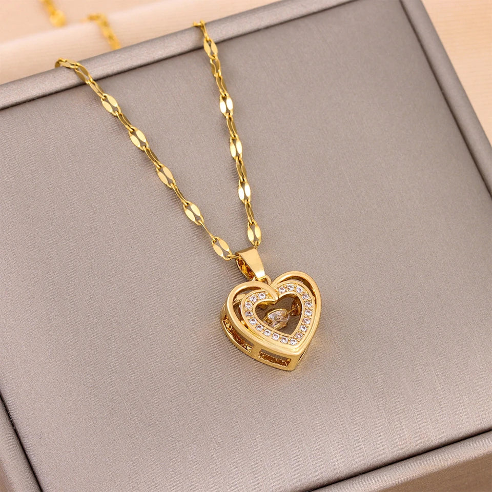 Collana ZAKOL classica color oro in acciaio inossidabile da donna con ciondolo a cuore geometrico in zircone brillante, gioielli regalo