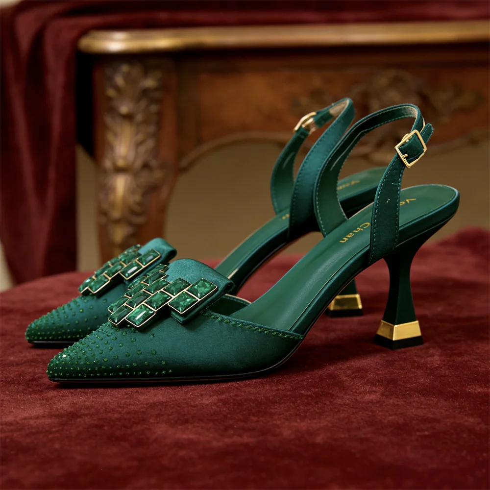 Venus Chan 2026 Eleganti Décolleté Slingback Verdi con Strass – Design Italiano, Punta Affusolata, Scarpe da Sposa e da Sera