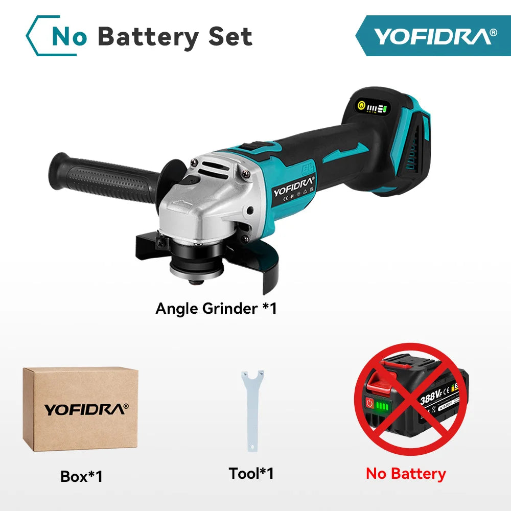 YOFIDRA Smerigliatrice Angolare Elettrica Senza Spazzole da 125mm a 4 Velocità Per Smerigliatura Metallo Legno Lucidatura Taglio Utensile Elettrico Per Perno Batteria Makita
