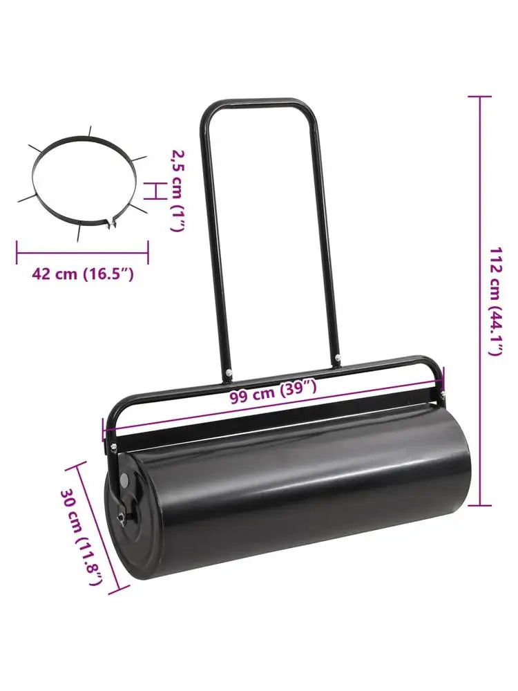 Rullo Compressore Manuale da 63 Litri Nero. Questo rullo per prato con manico è realizzato in acciaio resistente, ha una grande capacità ed è facile da riempire con la sabbia. Anche la sigillatura e lo svuotamento sono comodi.