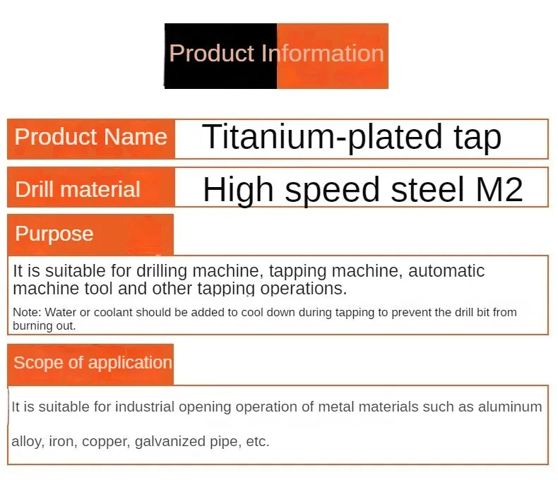 Titantium gecoate spiraaltap extrusietap puntentap m2m2.5m3m4m5m6m8m10m12m14m16m18m20m22m24
