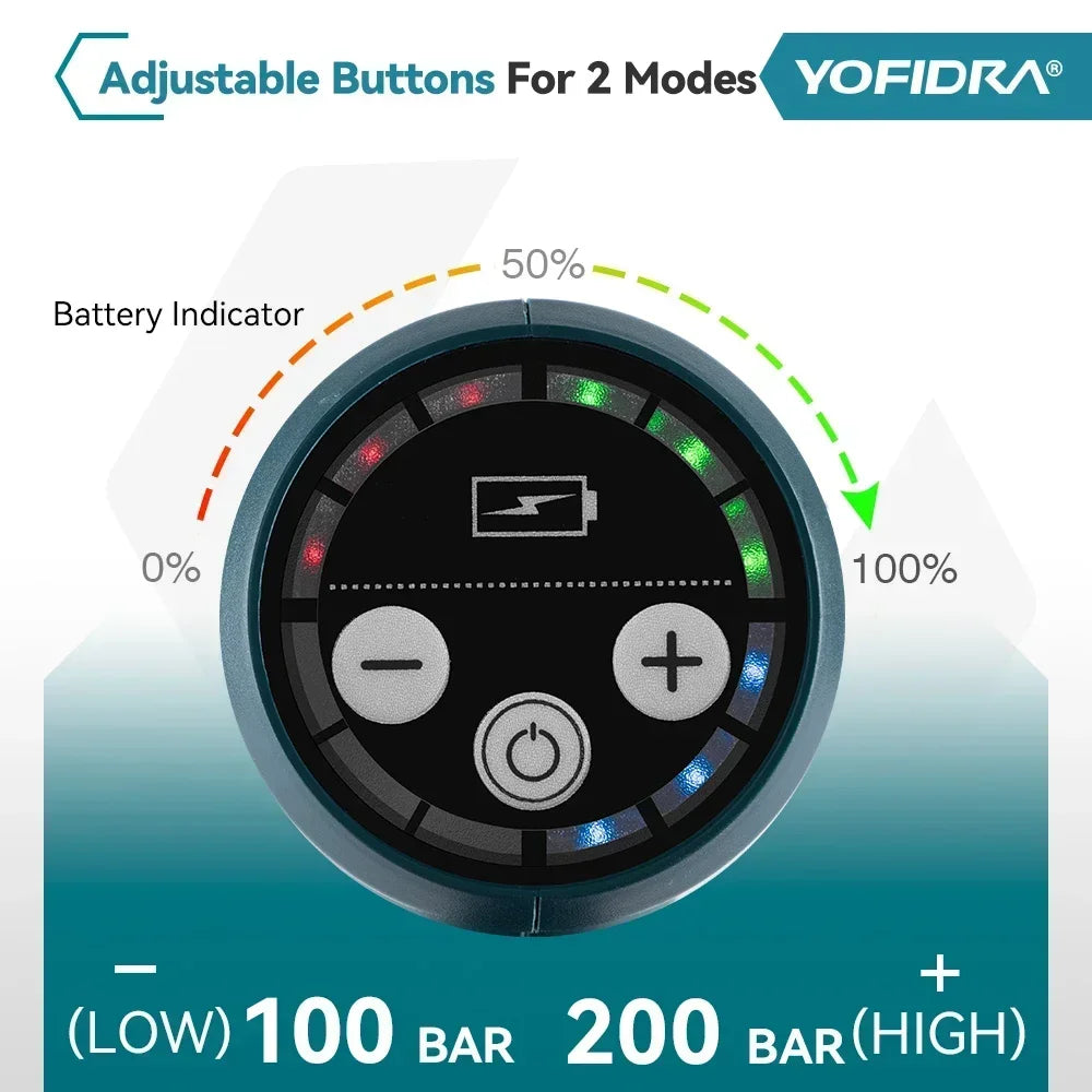 YOFIDRA 200Bar Brushless Electric High Pressure Washer 6-in-1 Car Washing Garden Water Gun For Makita 21V Battery Pin Spray Gun