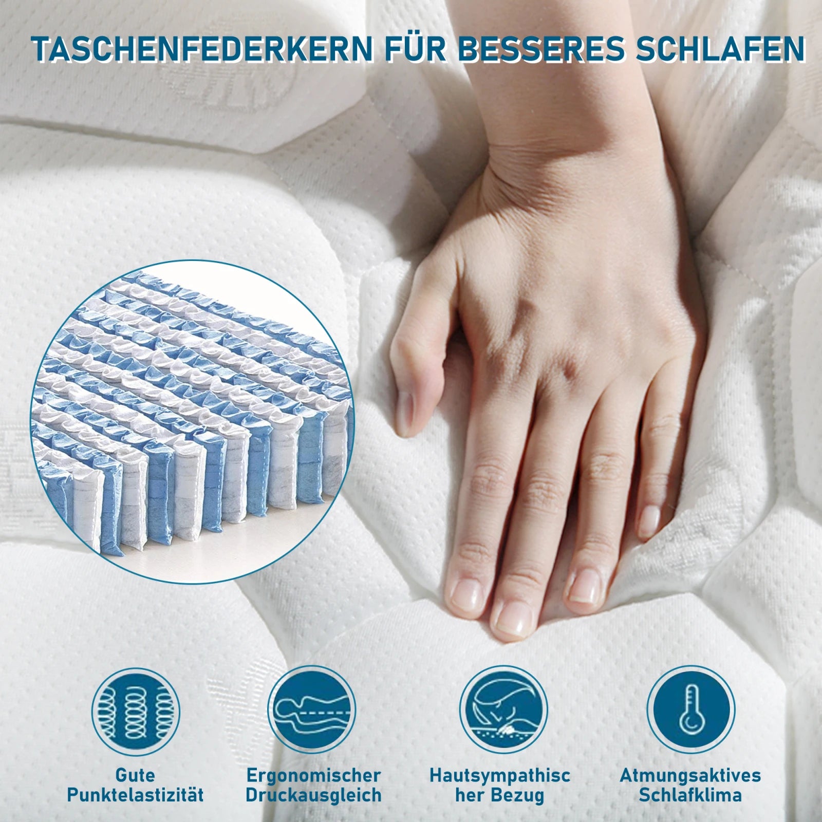 Comanlai Pocket Spring Mattress 90 x 200 cm 7 Zone Mattresses Height 25 cm Ergonomic Spring Mattress Hardness H3 Mattress White